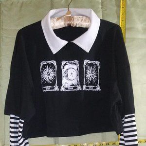 Long sleeve crop top by ROMWE, sz M, Black, black & white stripes